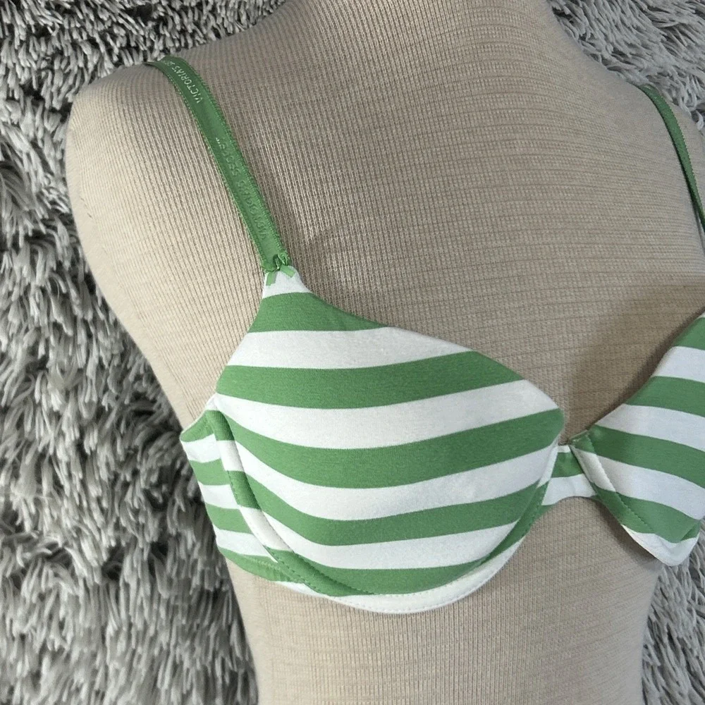 Victoria's Secret Green White Striped Lined Demi Cotton Underwire Bra 36C‎ VS